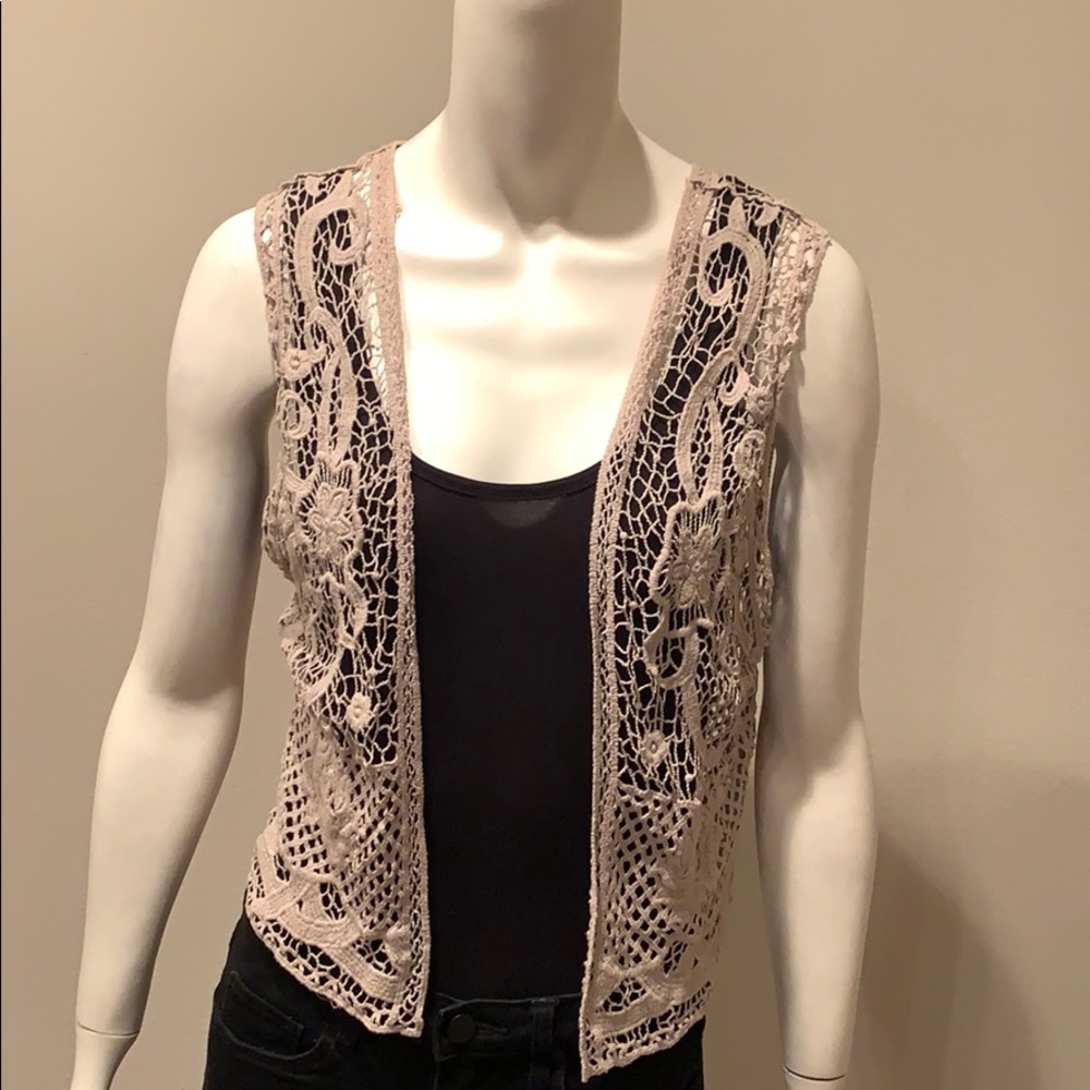 Roommates Tan Crochet Knit Sleeveless Cardigan: XL